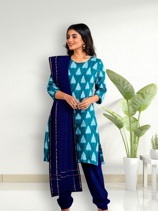 Pure Cotton Woven Ikkat Kurta Set - 8746 Women's Kurta Set AEVUM 2   