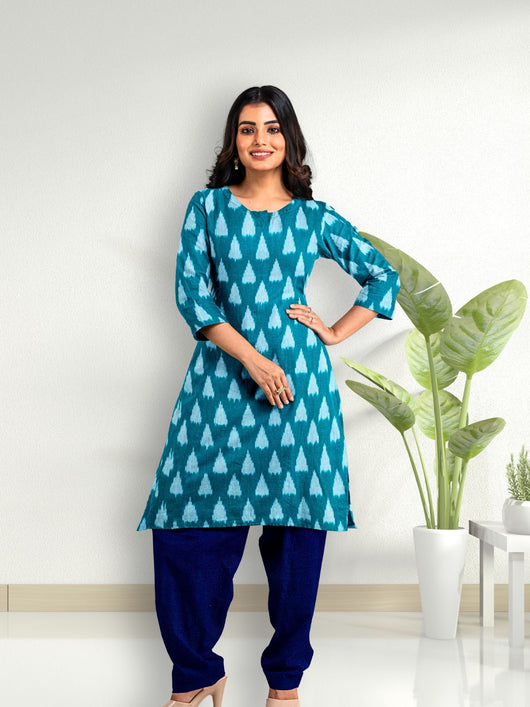 Pure Cotton Woven Ikkat Kurta Set - 8746 Women's Kurta Set AEVUM 2   