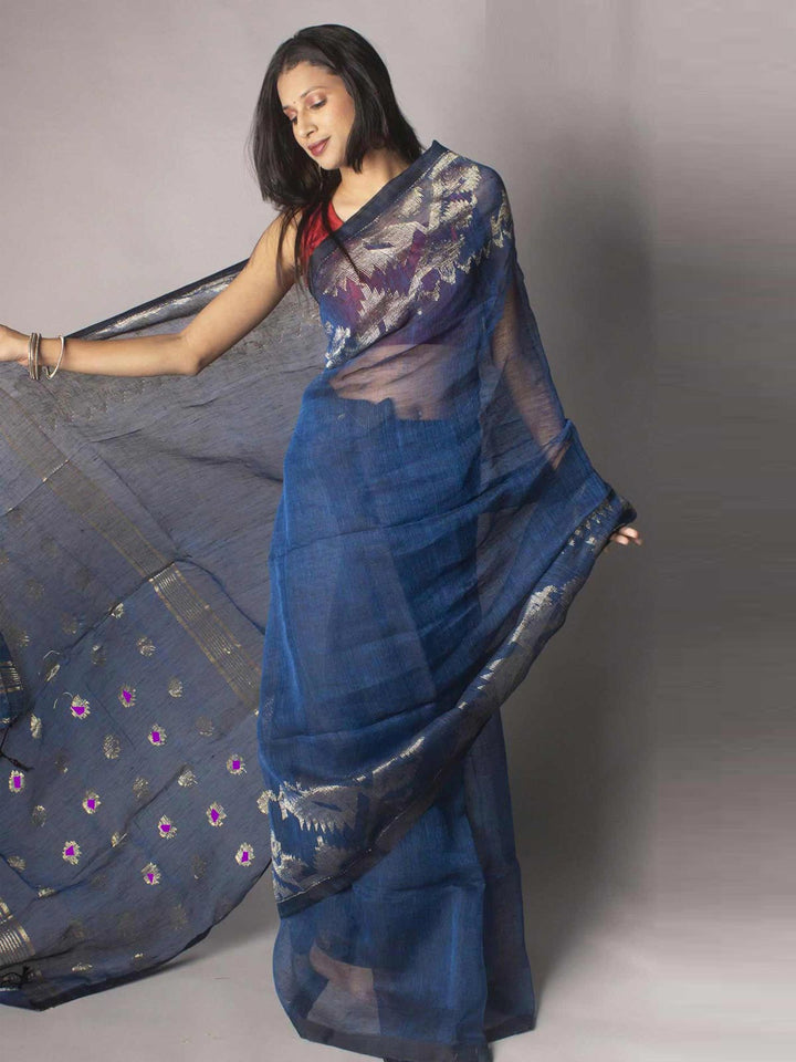 Organic Linen Jamdani handloom Saree with blouse piece - 9653 Saree Riya's Collection   