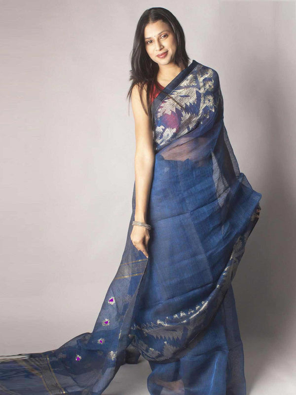 Organic Linen Jamdani handloom Saree with blouse piece - 9653