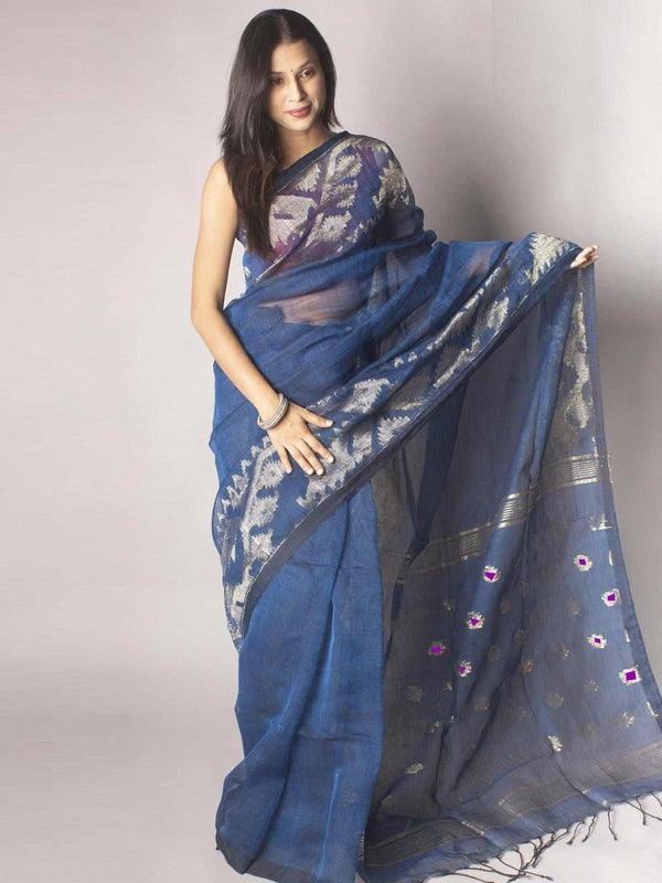 Organic Linen Jamdani handloom Saree with blouse piece - 9653 - AEVUM