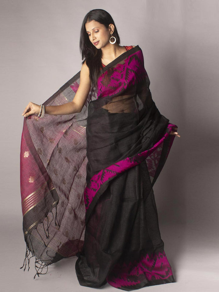 Organic Linen Jamdani handloom Saree with blouse piece - 9655 Saree Riya's Collection   