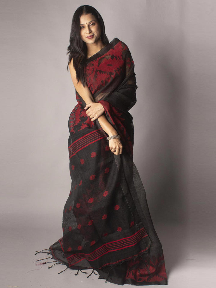 Organic Linen Jamdani handloom Saree with blouse piece - 9656 Saree Adworthy   