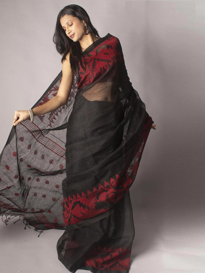 Organic Linen Jamdani handloom Saree with blouse piece - 9656 Saree AEVUM   