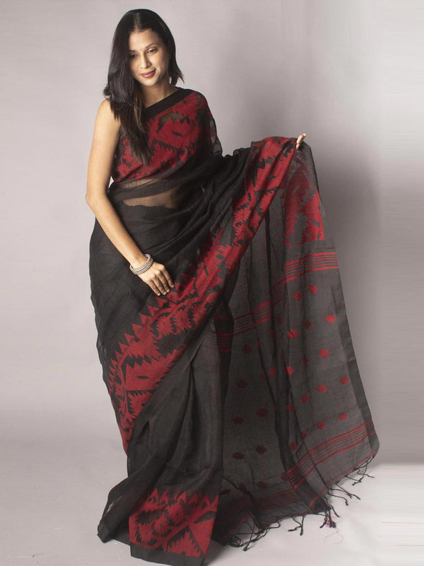 Organic Linen Jamdani handloom Saree with blouse piece - 9656