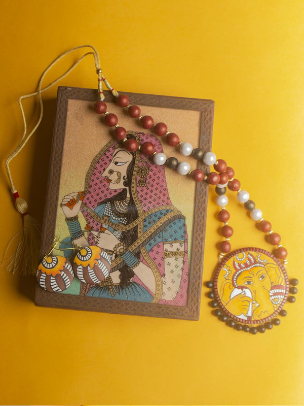 Round Ganpati Hand Painted Terracotta Necklace Set - 9726 Jewellery Kasturi Sengupta   