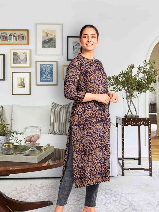 Pure Cotton Kalamkari Kurta Set - 20964 Women's Kurta Set AEVUM 2   
