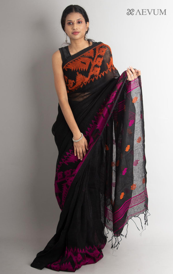 Linen Jamdani Saree with Ganga Jamuna Border - 0001 - AEVUM