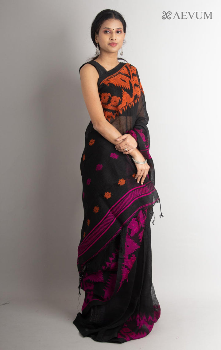 Linen Jamdani Saree with Ganga Jamuna Border - 0001 - AEVUM