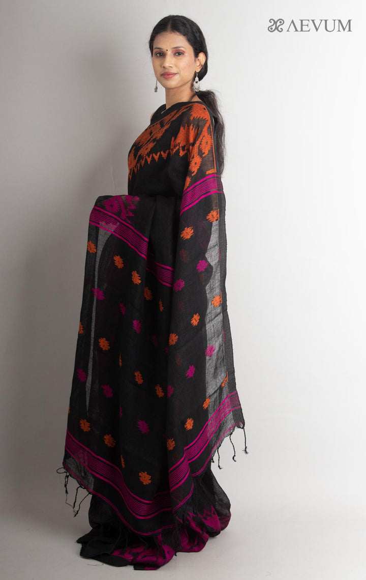 Linen Jamdani Saree with Ganga Jamuna Border - 0001 - AEVUM
