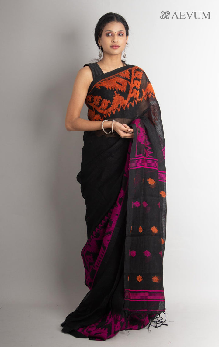 Linen Jamdani Saree with Ganga Jamuna Border - 0001 - AEVUM