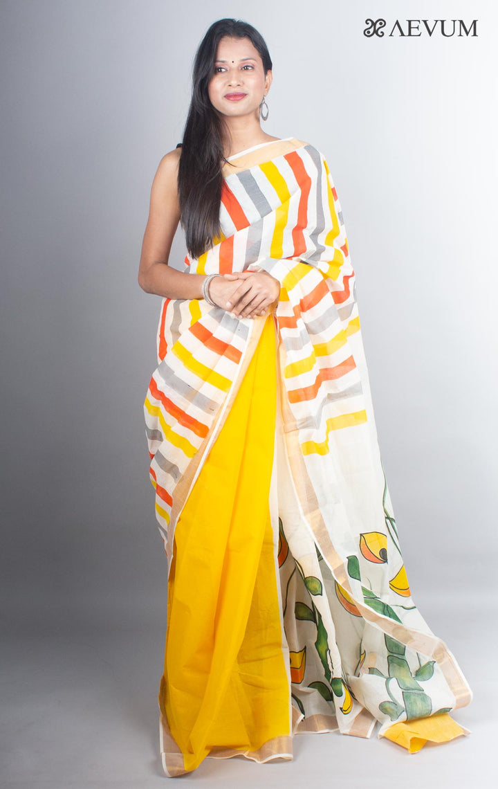 Kerala Cotton Hand Painted Saree with Blouse Piece - 4957 - AEVUM
