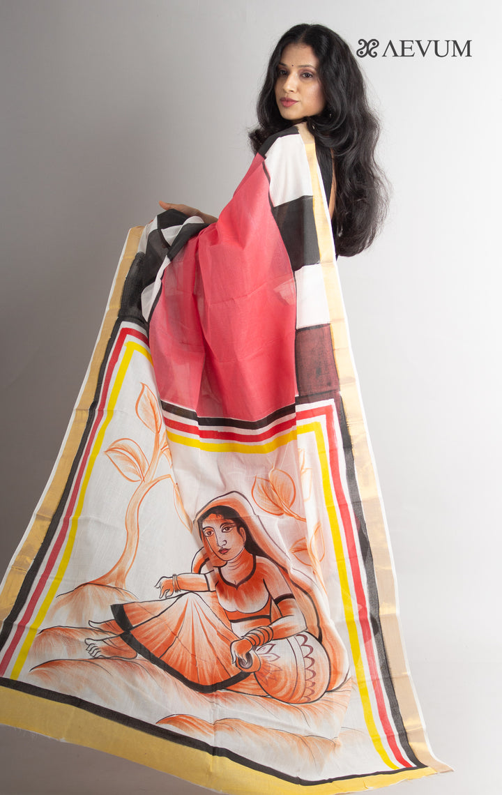 Kerala Cotton Hand Painted Saree with Blouse Piece - 0625 - AEVUM