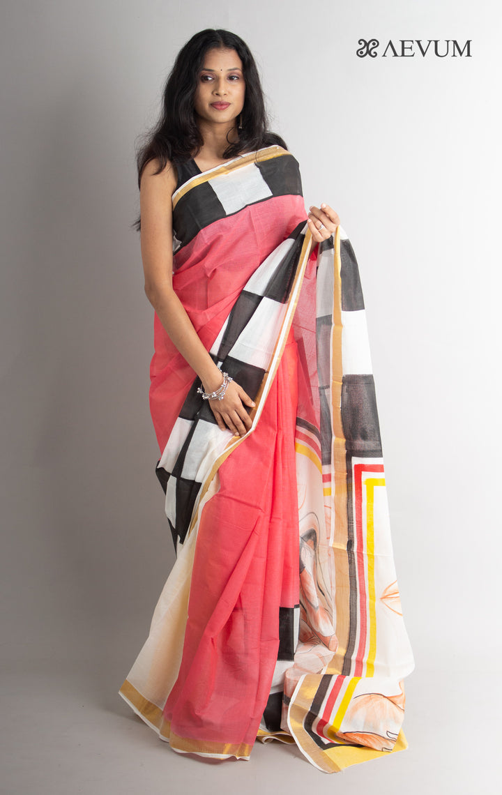 Kerala Cotton Hand Painted Saree with Blouse Piece - 0625 - AEVUM