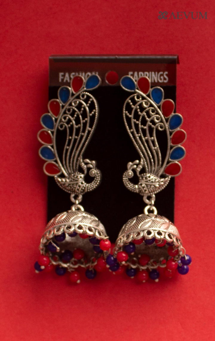 Silver Minakari Peacock Big Stone Jhumkas with Beads Ear Rings - 0922 - AEVUM