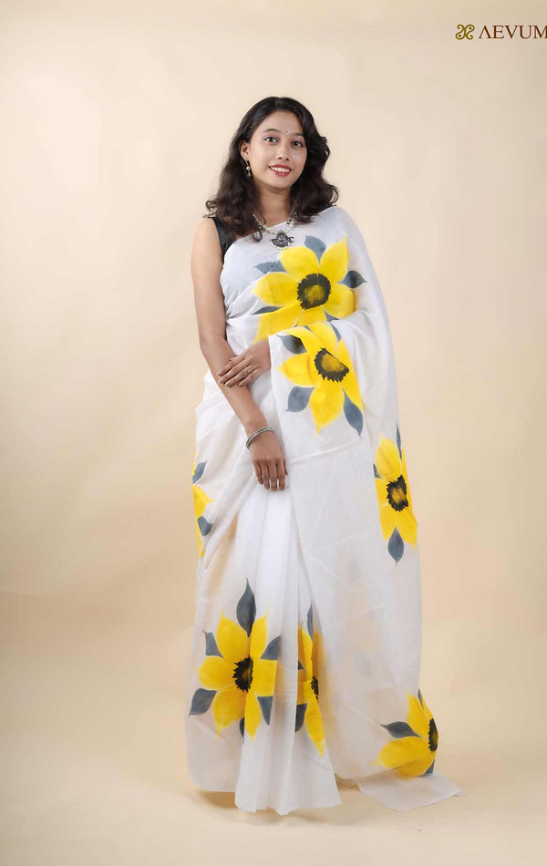 Floral Design Tant Hand Painted Cotton Saree with Blouse Piece -11304 Saree Joydeep Ganguly   