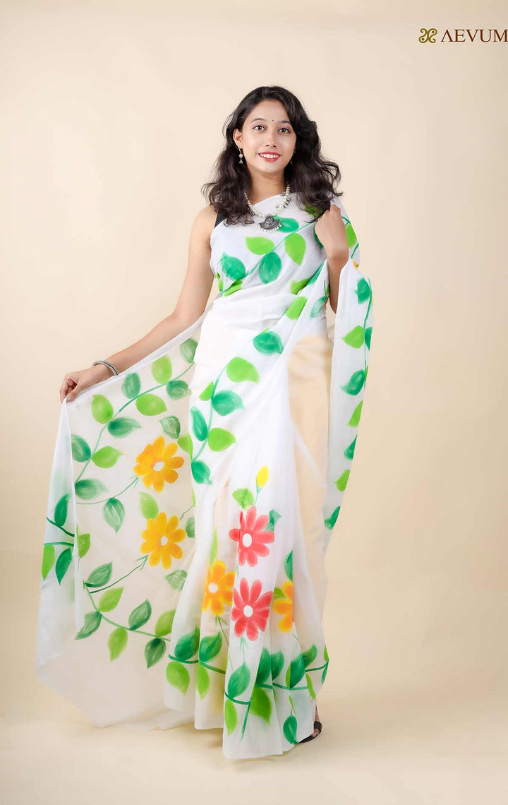 Floral Hand Painted Tant Cotton Saree with Blouse Piece - 11306 - AEVUM