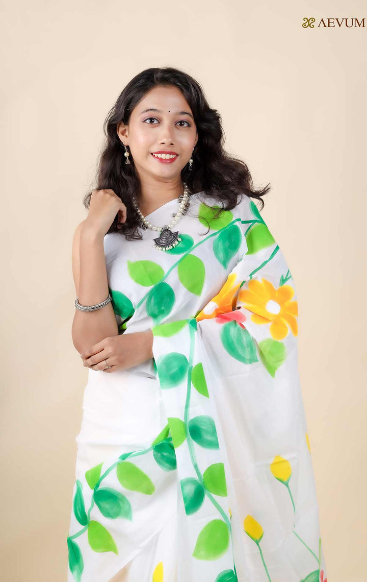 Floral Hand Painted Tant Cotton Saree with Blouse Piece - 11306 - AEVUM
