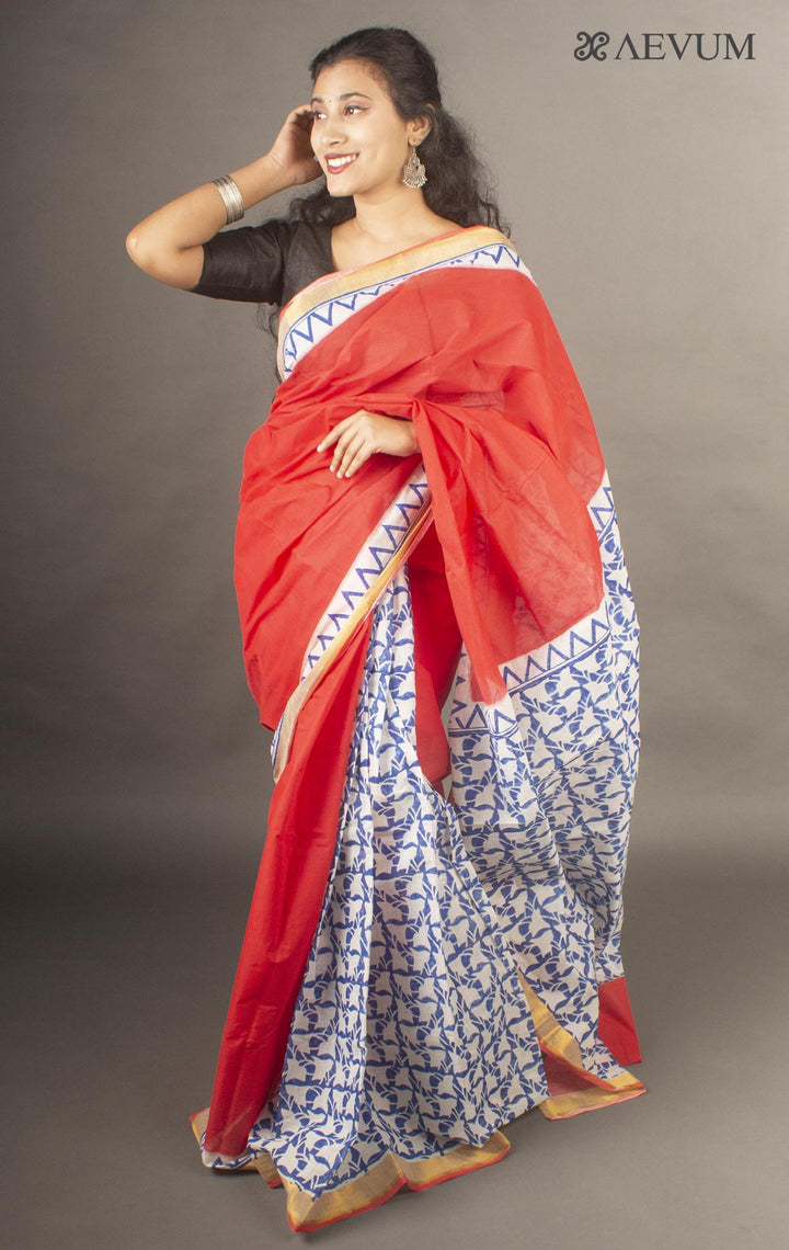 Kerala Cotton Hand Block Printed Saree without Blouse Piece By Aevum- 10021 - AEVUM