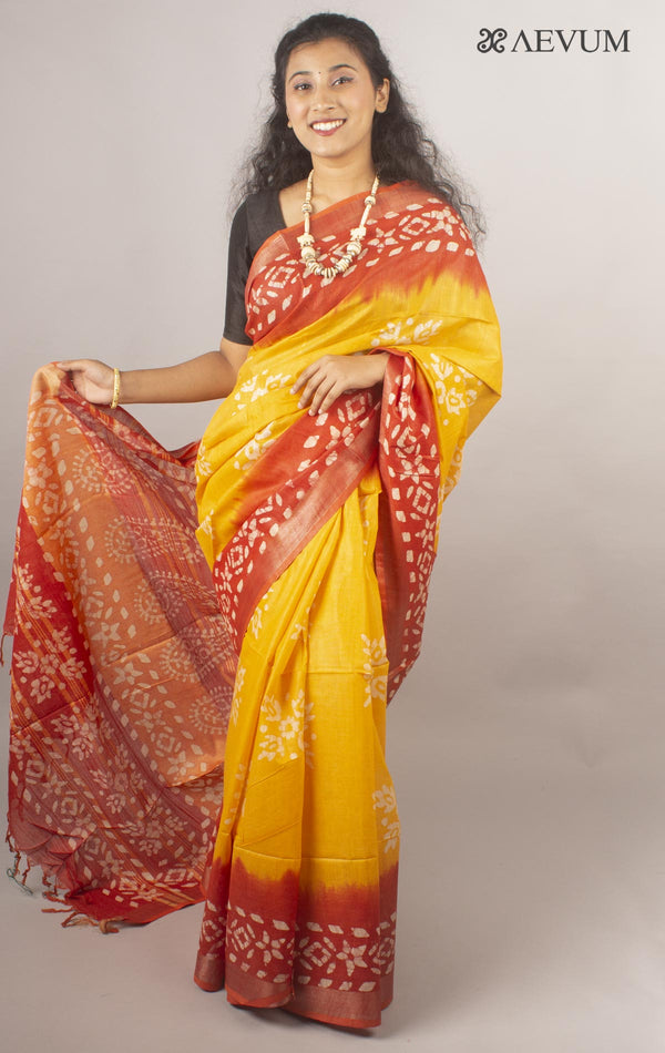 Linen Saree with Batik Print - 10438 - AEVUM