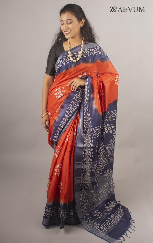 Linen Saree with Batik Print - 10439 - AEVUM