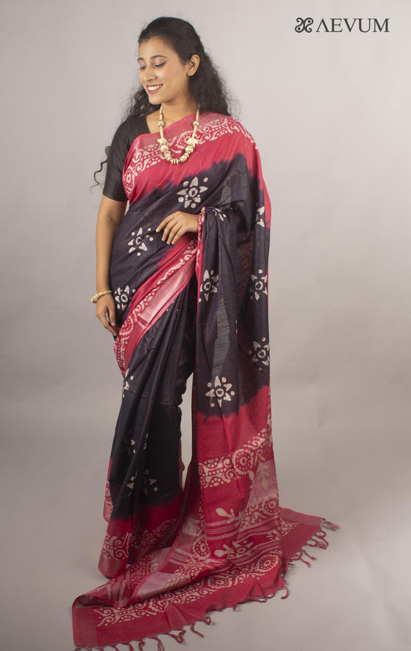 Linen Saree with Batik Print - 10444 - AEVUM