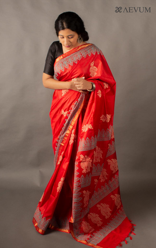 Katan Madhubani Silk Saree with Blouse Piece - 10808 - AEVUM