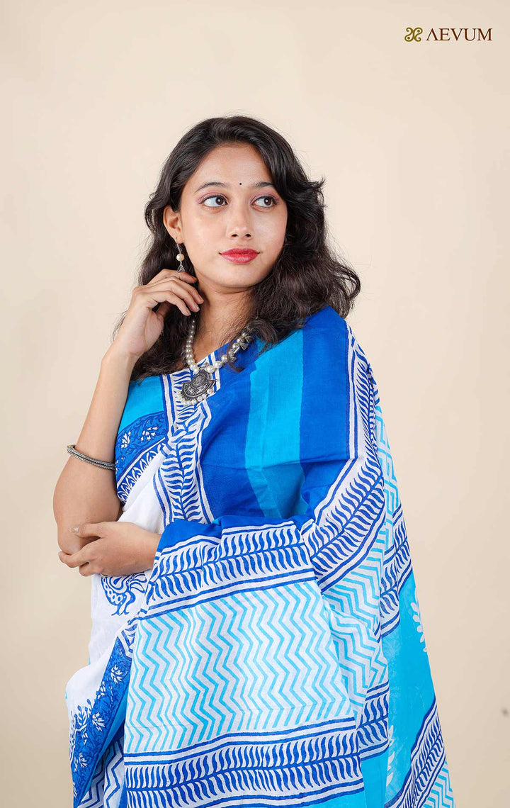 Mulmul Cotton Hand Block Printed Saree - 11411 Saree Riya's Collection   