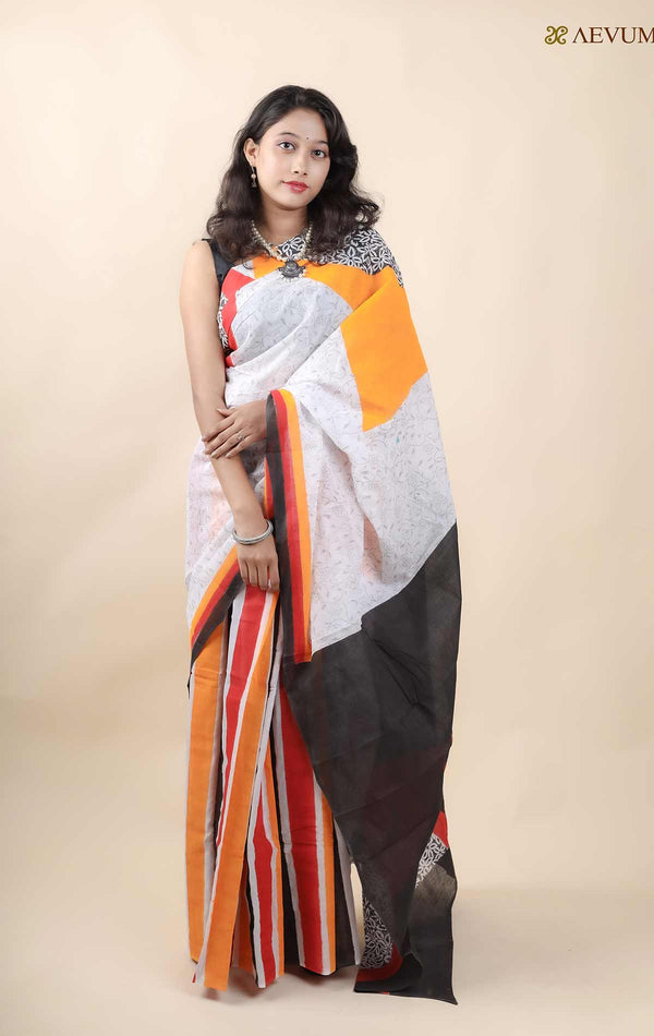 Mulmul Cotton Hand Block Printed Saree - 11418 - AEVUM