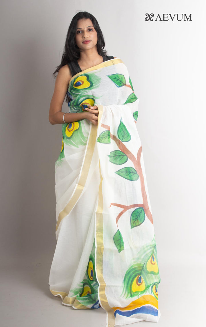 Kerala Cotton Hand Painted Saree with Blouse Piece - 1305 - AEVUM