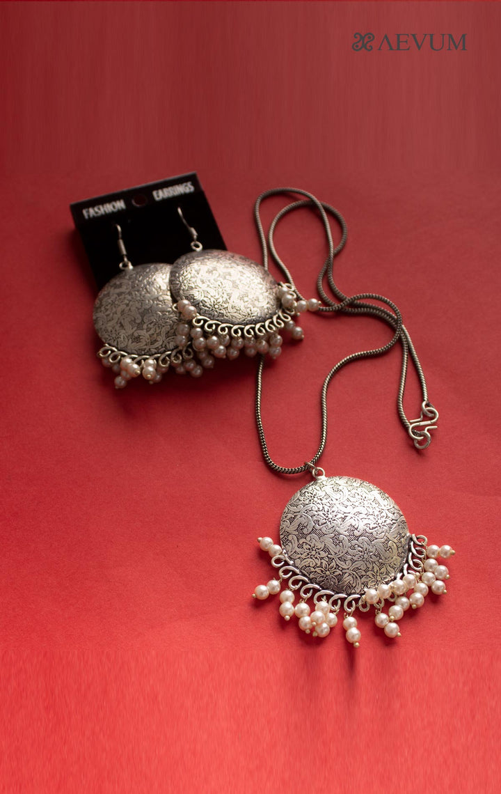 Designer Oxidised Chain With Pendant and Earring Set - 1965 Jewellery Ozanoo   