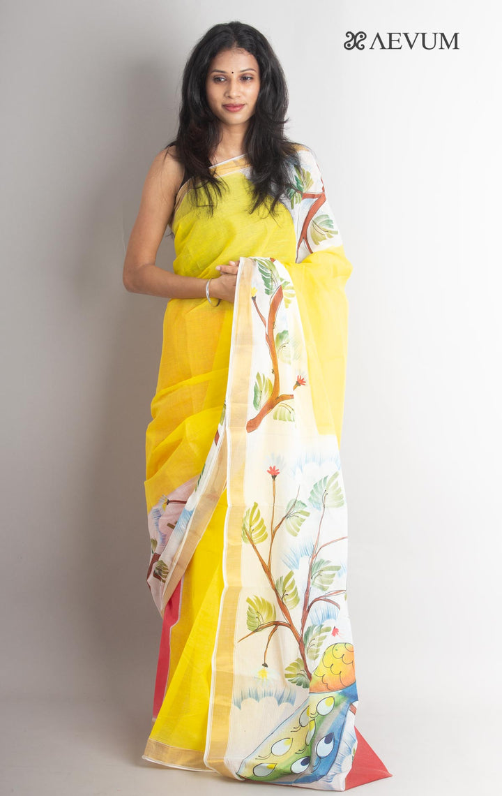 Kerala Cotton Hand Painted Saree with Blouse Piece - 1107 Saree Riya's Collection   