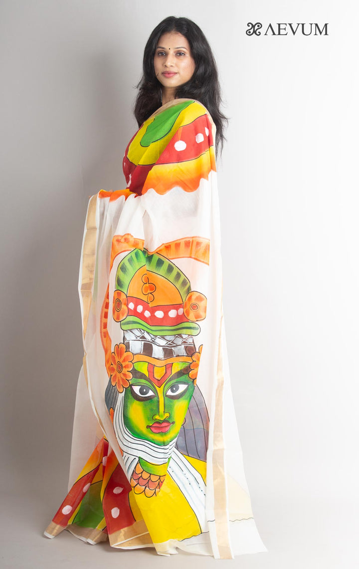 Kerala Cotton Hand Painted Saree with Blouse Piece - 1111 - AEVUM