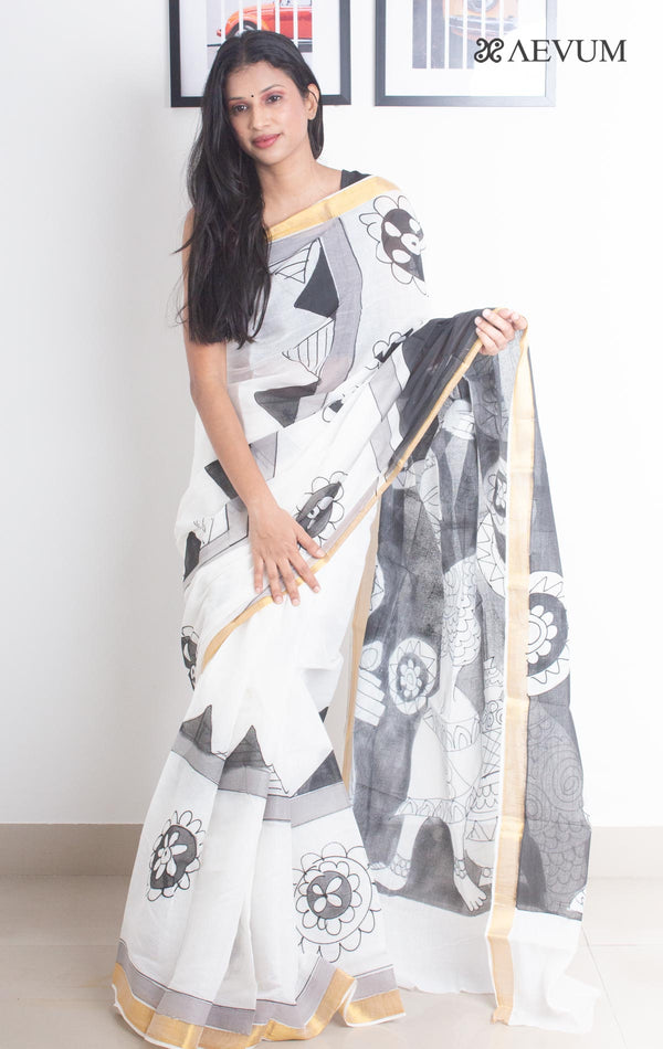 Kerala Cotton Hand Painted Saree with Blouse Piece - 2630 - AEVUM