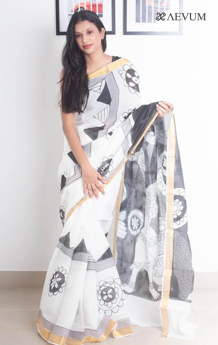 Kerala Cotton Hand Painted Saree with Blouse Piece - 2630 Saree Riya's Collection   