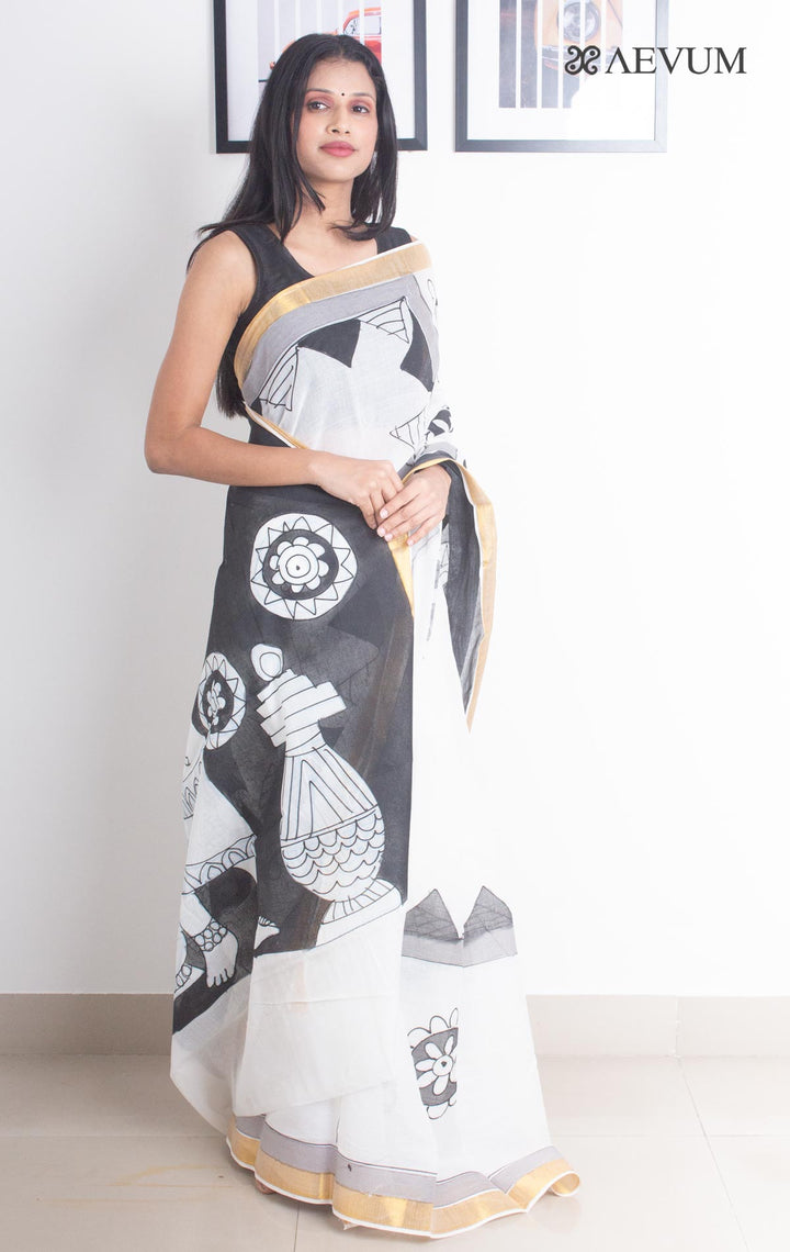 Kerala Cotton Hand Painted Saree with Blouse Piece - 2630 - AEVUM