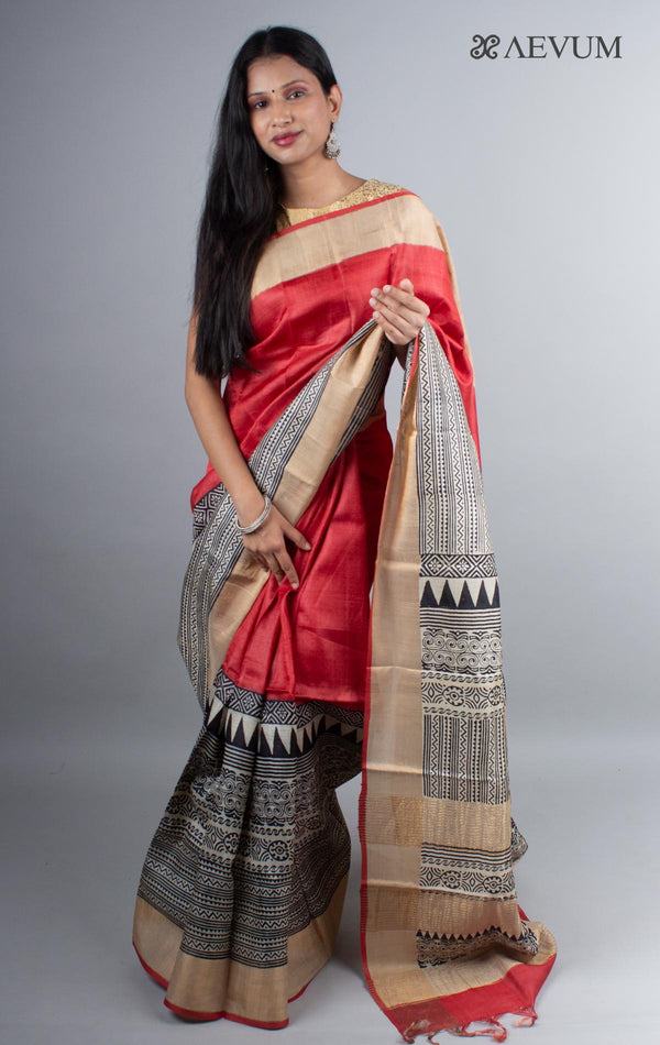 Zari Tussar Silk Saree Hand Block Printed - 3991 - AEVUM