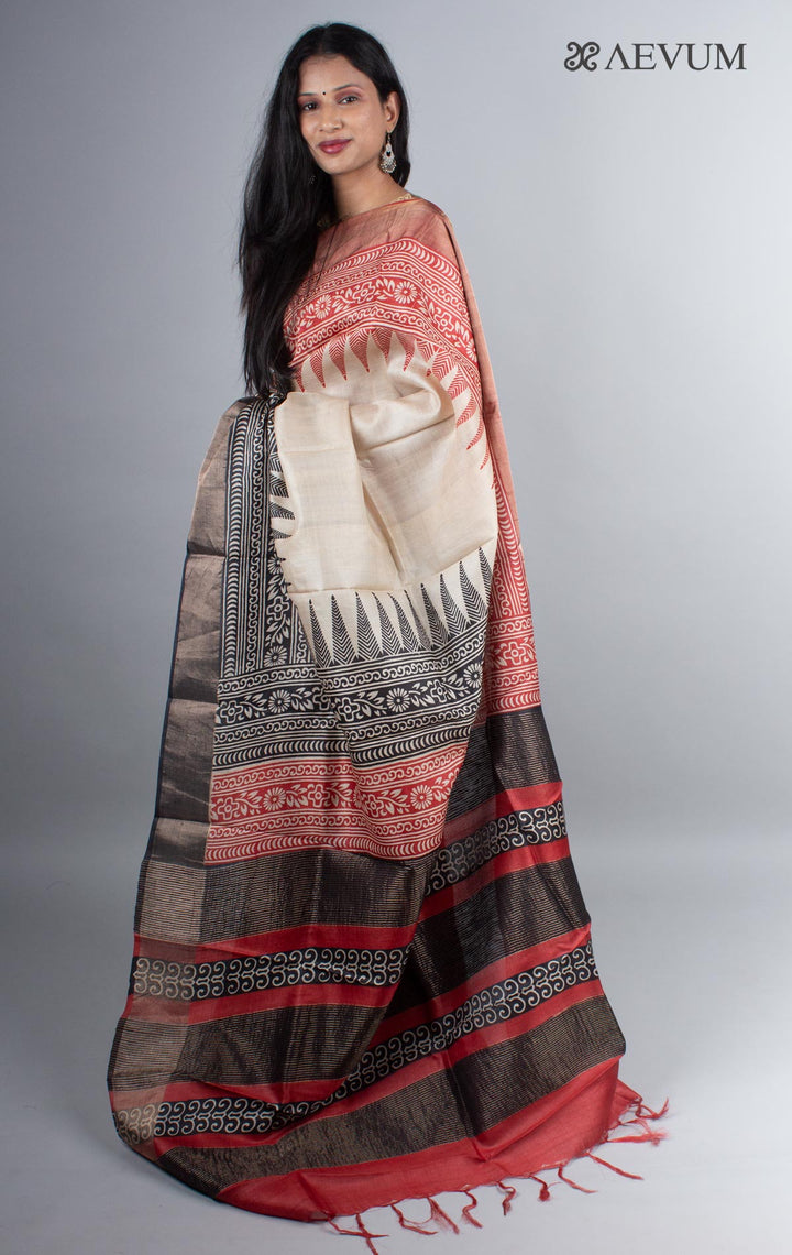 Zari Tussar Silk Saree Hand Block Printed - 3993 Saree Riya's Collection   