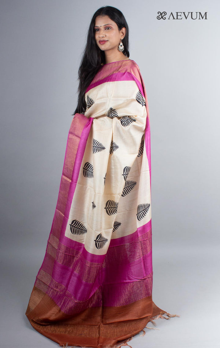 Zari Tussar Silk Saree Hand Block Printed - 3994 Saree Riya's Collection   