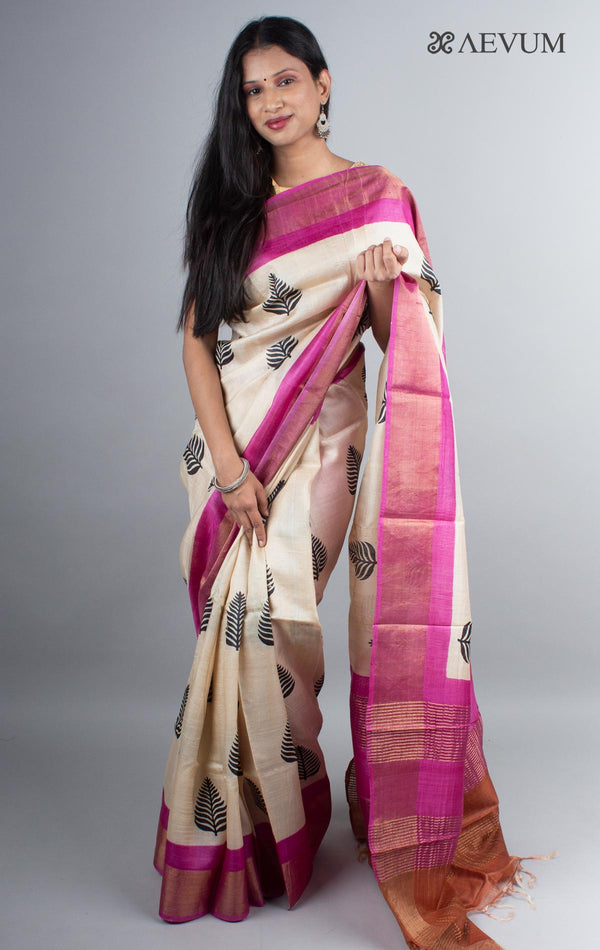 Zari Tussar Silk Saree Hand Block Printed - 3994 - AEVUM