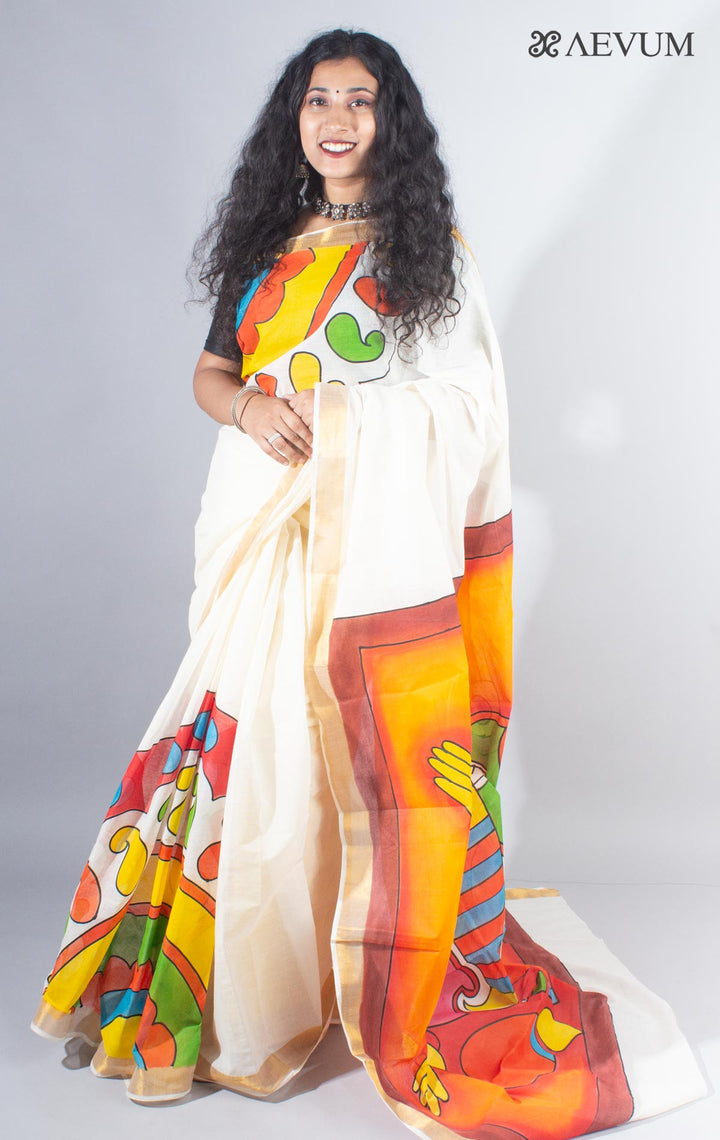Kerala Cotton Hand Painted Saree with Blouse Piece - 4111 - AEVUM