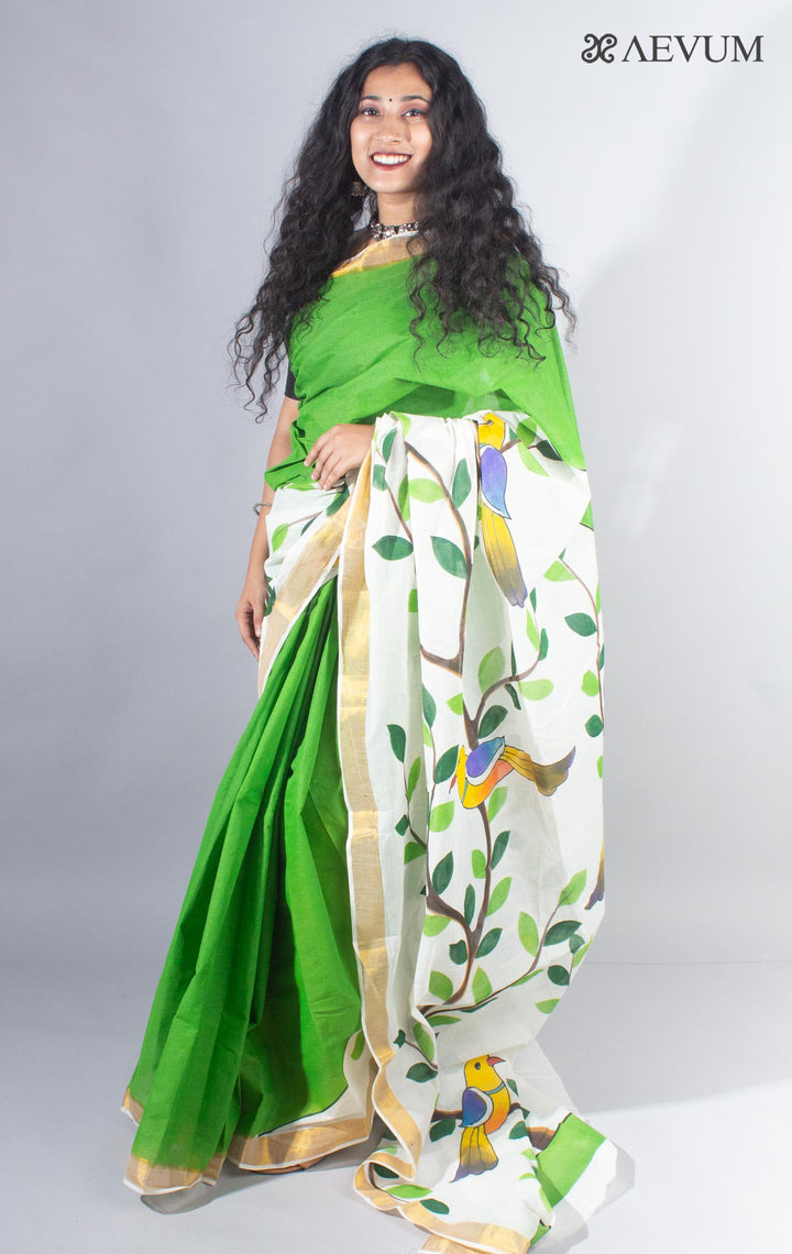 Kerala Cotton Hand Painted Saree with Blouse Piece - 4112 - AEVUM