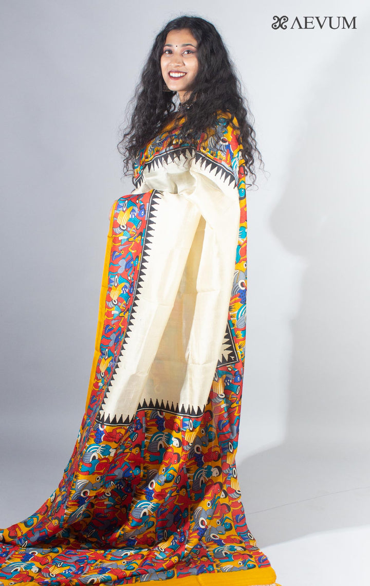 Bishnupur Hand Block Printed Pure Silk Saree with Silk Mark & Blouse Piece - 4117 - AEVUM