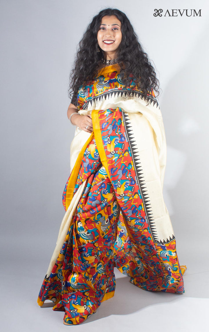 Bishnupur Hand Block Printed Pure Silk Saree with Silk Mark & Blouse Piece - 4117 - AEVUM