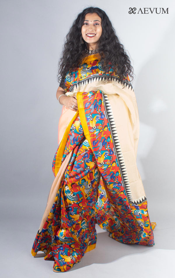 Bishnupur Hand Block Printed Pure Silk Saree with Silk Mark & Blouse Piece - 4117 - AEVUM