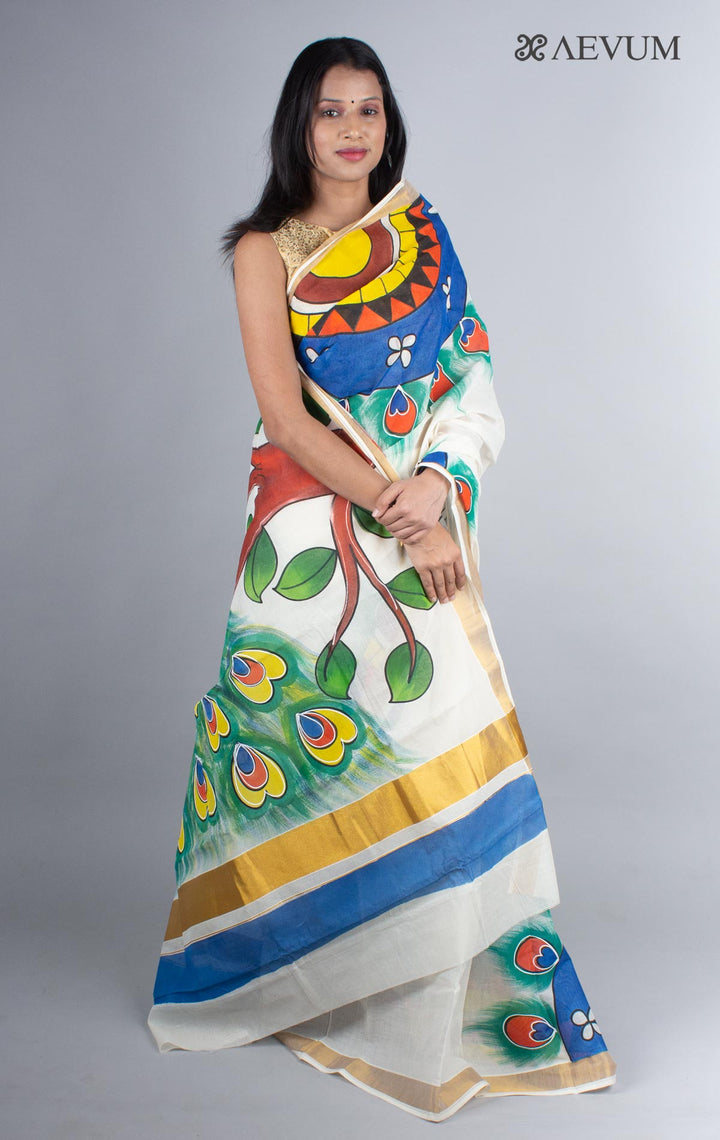 Kerala Cotton Hand Painted Saree with Blouse Piece - 4239 - AEVUM