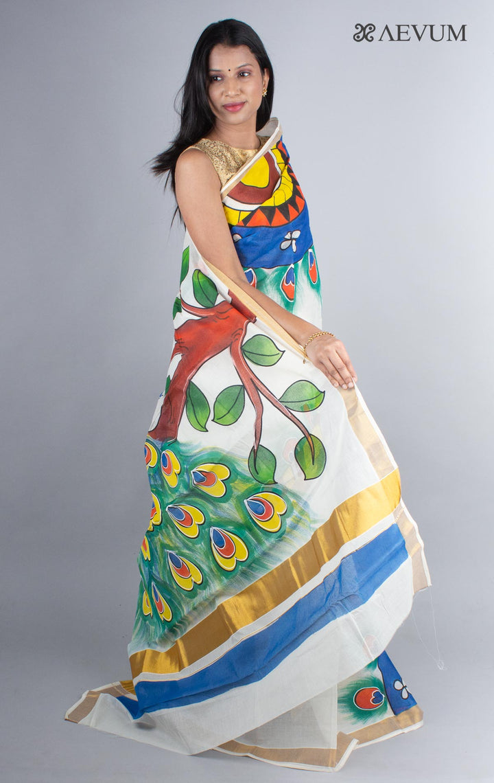 Kerala Cotton Hand Painted Saree with Blouse Piece - 4239 - AEVUM