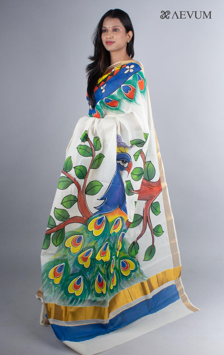 Kerala Cotton Hand Painted Saree with Blouse Piece - 4239 - AEVUM