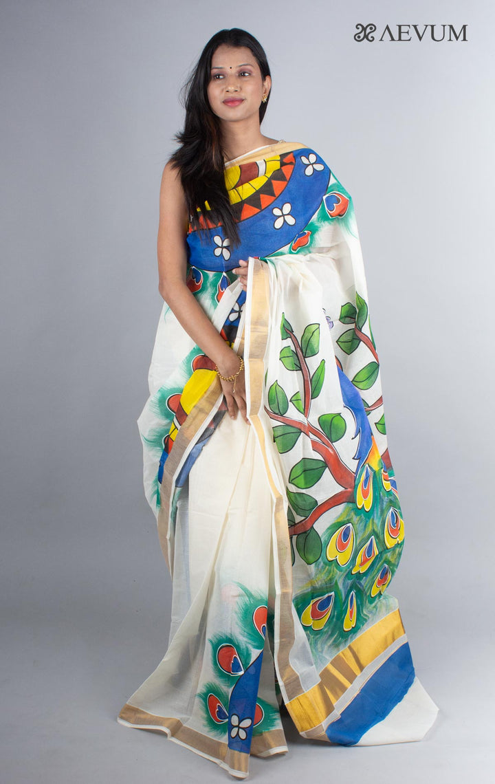 Kerala Cotton Hand Painted Saree with Blouse Piece - 4239 - AEVUM