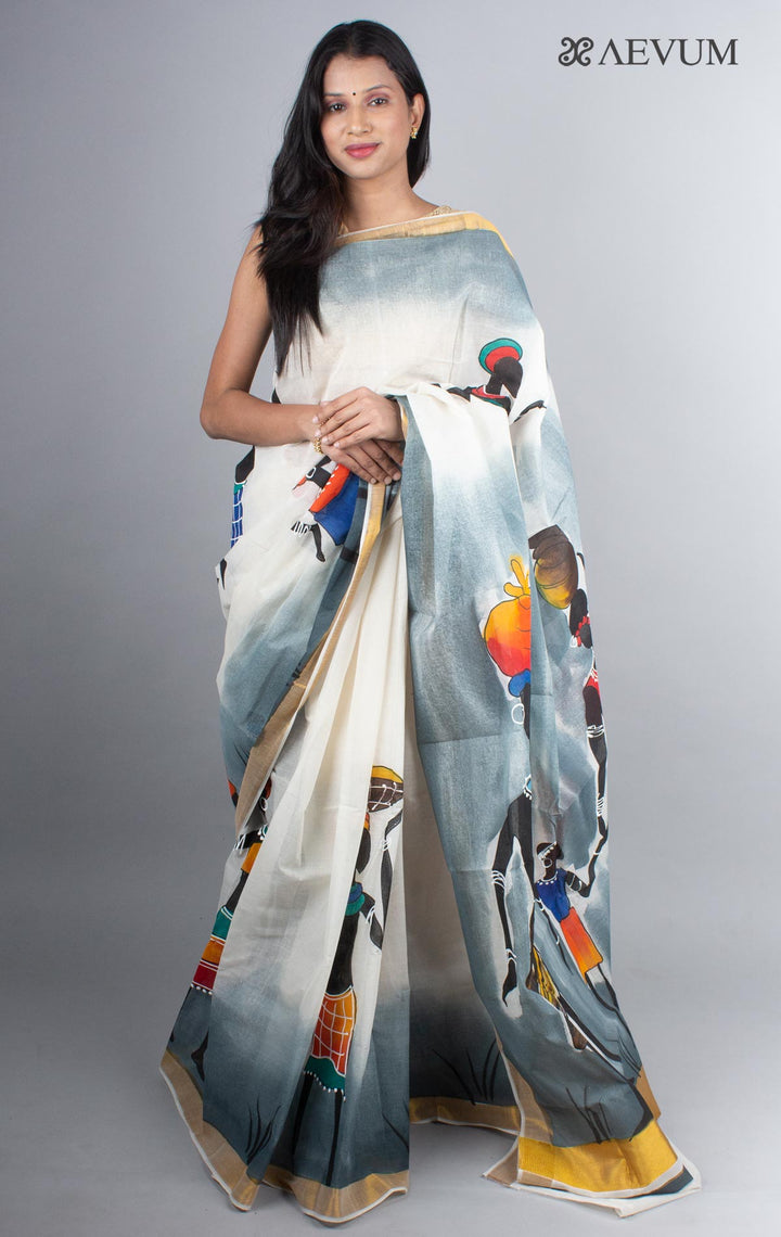 Kerala Cotton Hand Painted Saree with Blouse Piece - 4240 - AEVUM